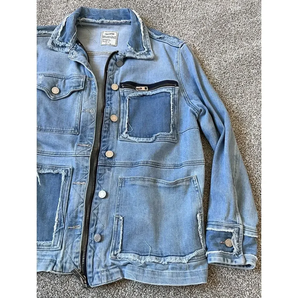 ZADIG & VOLTAIRE Kick Destroy Zip Jacket Jacket Patchwork Pockets Womens Size M - Picture 5 of 8